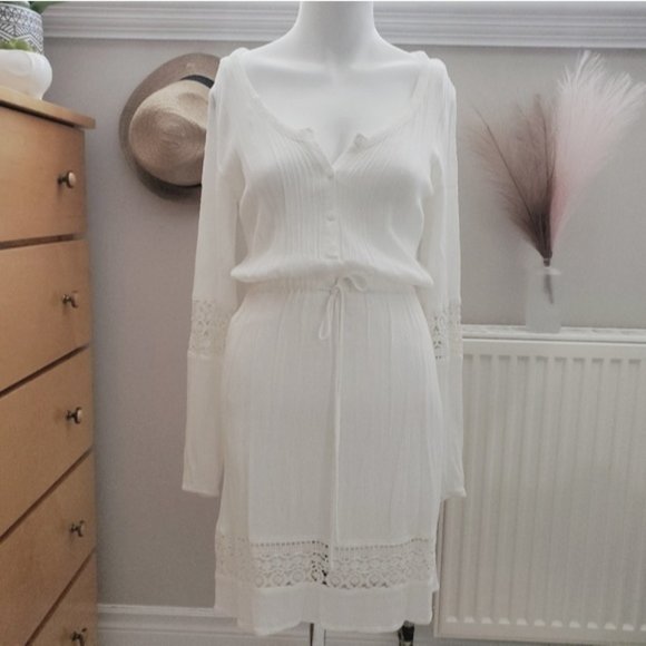 H&M White Long Sleeve Cotton Blend Beach Dress- Size 2 - Picture 3 of 12